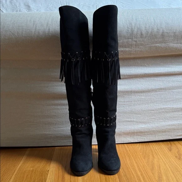 Rebecca Minkoff Black Over the Knee Fringe Boots, 8 - Picture 2 of 9